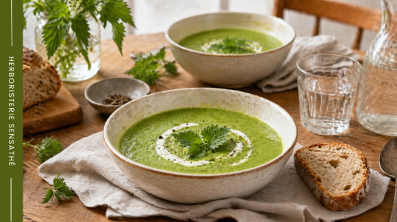 Bol de soupe veloutée à l’ortie BIO servi à table avec pain rustique dans une ambiance printanière - Herboristerie Sensathé Bol de soupe veloutée à l’ortie BIO servi à table avec pain rustique dans une ambiance printanière - Herboristerie Sensathé